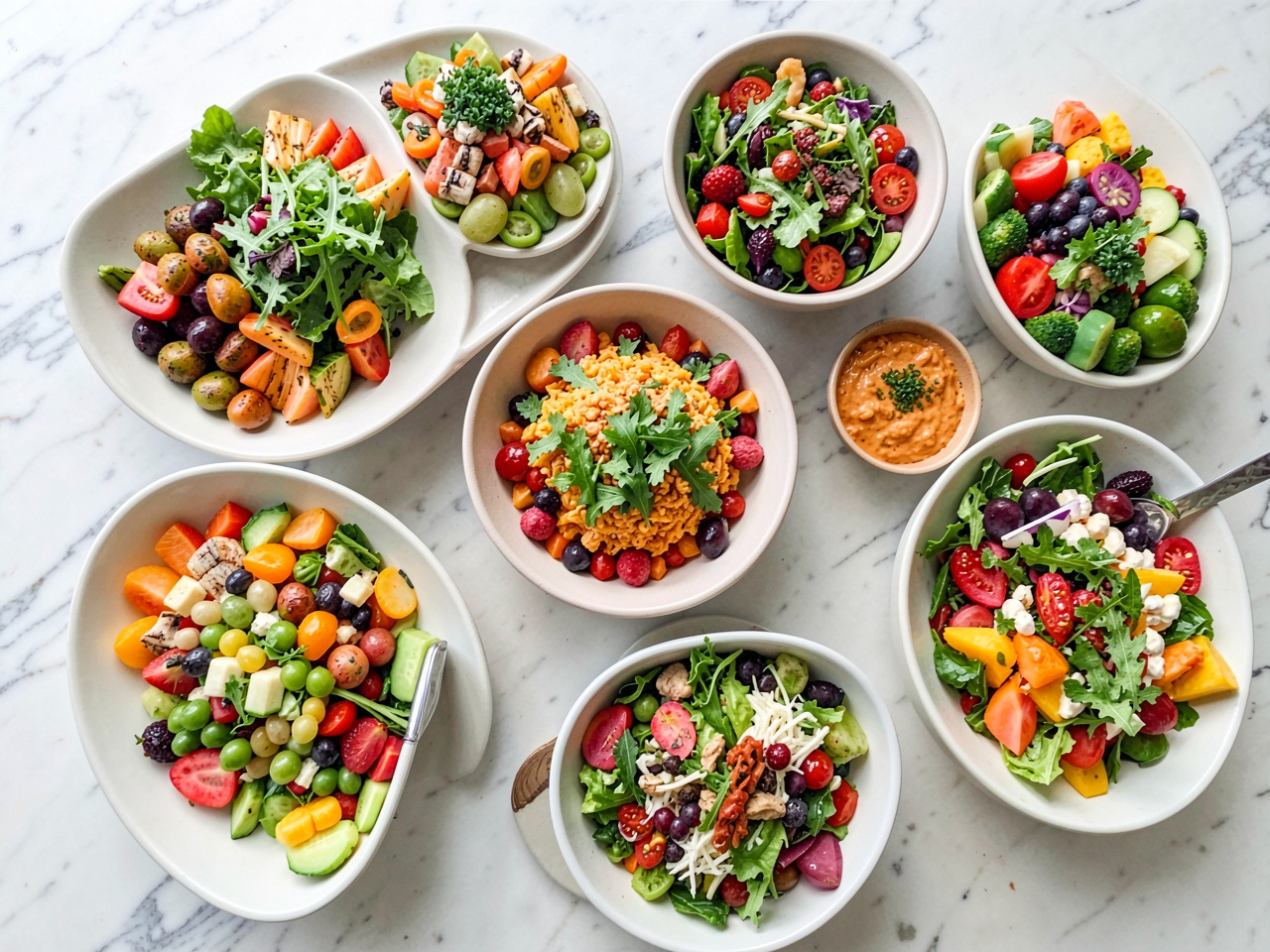 Variety of colorful healthy foods arranged beautifully
